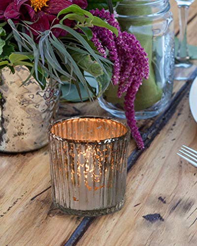 Serene Spaces Living Set Of 6 Small Silver Ribbed Votive Candle Holders, Mercury Glass Finish, Ideal For Weddings, Events, Measures 2.5" Tall And 2.5" Diameter #TOP1