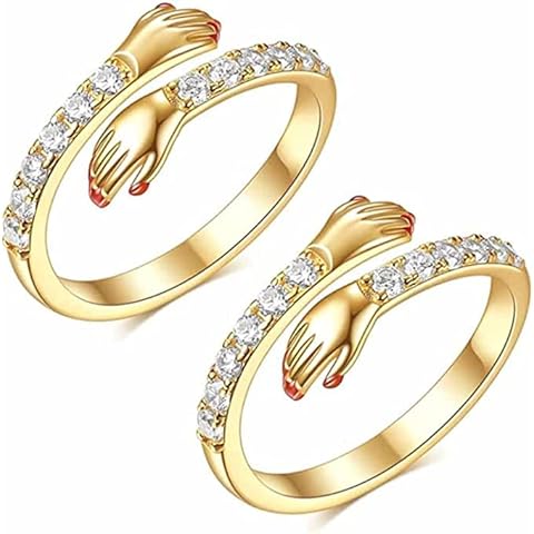 2pcs Womens Hug Ring, Hug Ring for Women Always with You, Hand Style Hug Embrace Anniversary Ring- Sterling Silver Couples Rings, Adjustable Open Thumb Ring-Gold Cover