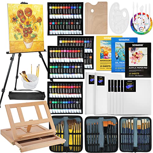SENMINK Deluxe Artist Painting Set,148-Pieces Painting Supplies Kit with Aluminum and Wood Easel, 96 Acrylic, Oil and Watercolor Paints, Brushes, Canvases, Painting Kit for Adult, Beginner,Artist