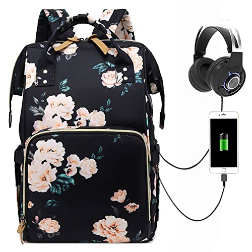 Ausemo Bolsa de Pañales, Mochila de Viaje para Mamá, Bolsa Enfriadora de Biberón con Estilo Floral para Leche Materna, Bolso de Mano de Gran Capacidad con Puerto de Carga USB,Black