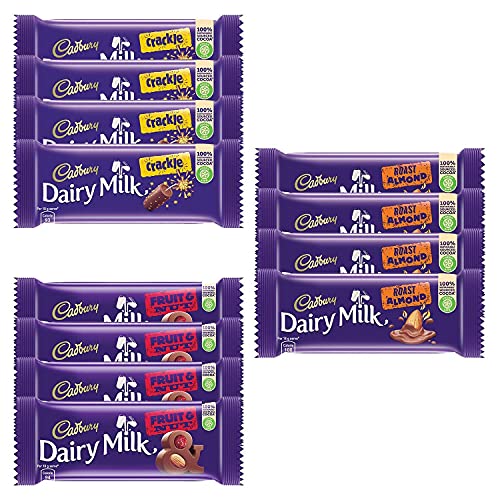 Image of Cadbury Dairy Milk Chocolate Bar, Pack of 12 (Fruit and Nut, 4x36g, Roast Almond, 4x36g, Crackle, 4x36gm) 432 gm