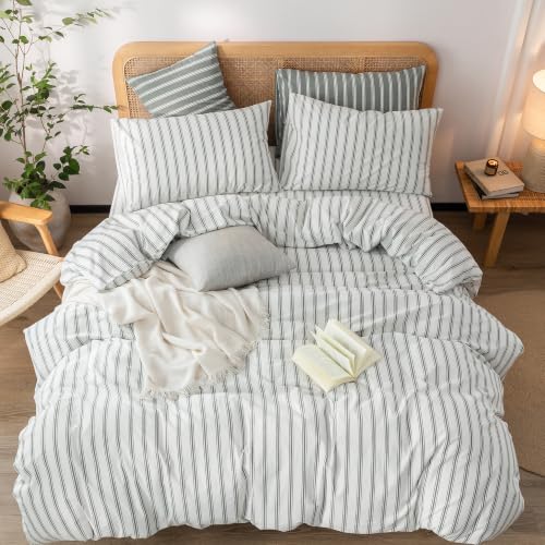 Image of BESTOUCH Striped Cotton Duvet Cover Set Linen Feel Twin | 100% Washed Cotton, Soft Wrinkle Texture, Hidden Zipper, 8 Ties, Breathable Lightweight Durable Comfy, 2 Pcs No Insert