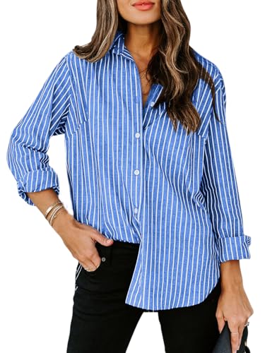Aoudery Womens Button Down Shirts Cotton Striped Dress Shirt Long Sleeve Collared Office Work...
