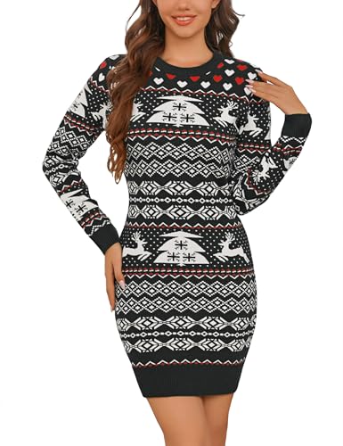 Bresdk Weihnachtsoutfit Damen Strickkleid Christmas Sweater Dress Damen Langarm Weihnachts Strickkleid Rundhals Pulloverkleid für Frauen Schwarz S