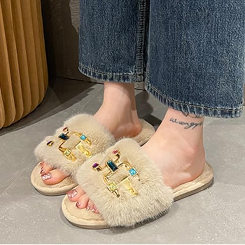 Womens Slides Fuzzy Fluffy Furry Open Toe Slippers with Multicolor Rhinestones Soft Flat Comfy Anti-Slip Spa Flip Flop House Shoes4