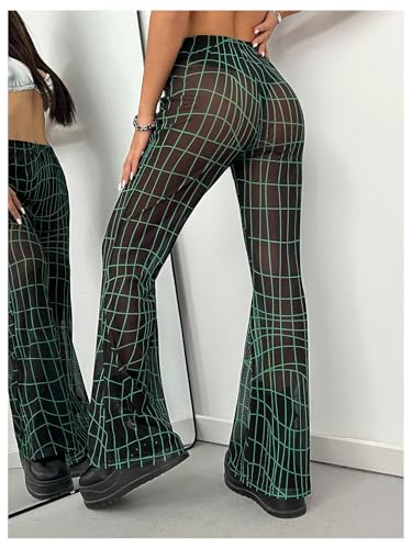 Milumia Women's Geometric Plaid Bell Bottoms Y2K Sheer Flare Leg Mesh Pants3