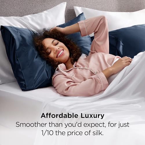 Image of Bedsure Satin Pillowcase 2 Pack Similar to Silk Pillow Cases Standard Size, Pillow Case for Sleeping Women with Envelope Closure, Gifts for Women Men, Blue, 20x26 Inches