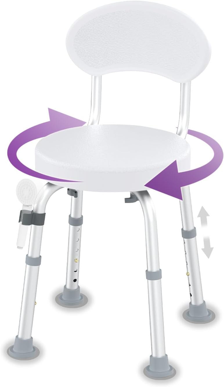 Swivel Shower Chair, 360° Non-Slip Shower Seat with Backrest for Elderly and Disabled, Height Adjustable Rotating Tub Bench for Seniors Bathroom Inside Shower with Compact Frame (White)