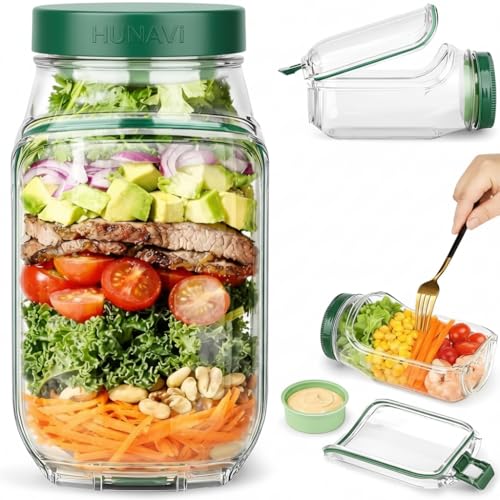 Image of Side-Open Mason Jar Salad Container - Leakproof Vertical Layering Jar with Built-in Dressing Cup, Reusable Portable Lunch Jar for Office, Picnic & Travel (Green, Pack of 1)