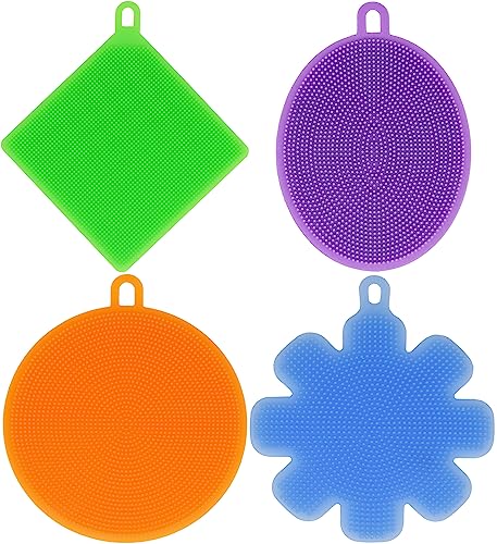 Image of Set of 4 Silicone Sponges - Features 4 Designs and Fun Colors - Measures About 4.5 inch - Wet and Dry Use - Dishwasher Safe (4)