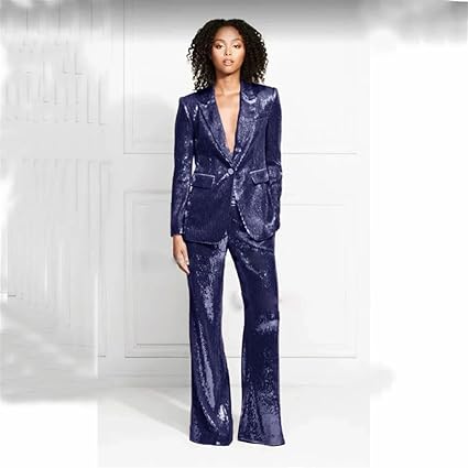 shownicer Damen Pailletten Anzug Zweiteiliger Blazer und Hose Business Hosenanzug Slim Fit Streetwear Damenanzug 2 Stück Set Festlich Pailletten Sets A Schwarz XS