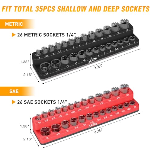 Image of GOOACC 1 /4 inch Magnetic Socket Organizer, 2 Pieces Socket Holder Metric SAE Socket Tray, 1 /4 inch Socket Organizer Tray Holds 52 Standard Sockets for Tool Box Drawer