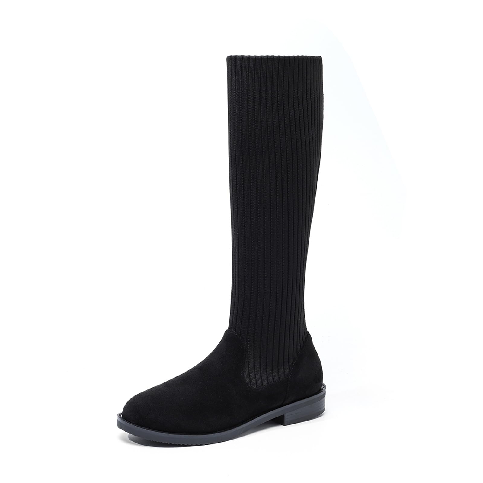 Womens Flat Knee-High Knit Stretch Boots Retro Suede Round Toe Low Block Heel Sexy Dress Knee High Boots