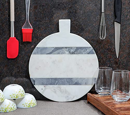 Grey & White Marble Cutting Board - Round Charcuterie Board with Handle - Chopping Cheese Board for Kitchen - Ideal for Fruit, Salad, and Meat - Size : 12x11' Inch