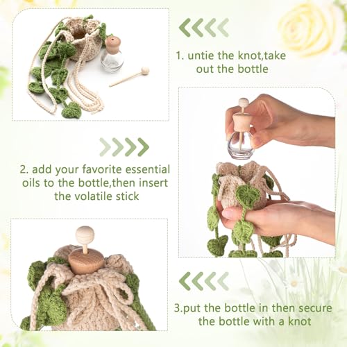 Image of DaisyInner Cute Crochet Plant Car Freshener 12ml Empty Refillable Diffuser Bottle with Plants Hanging Accessories for Ornaments Charms Rearview Mirror Home Office Decor Women Gifts(Leave)