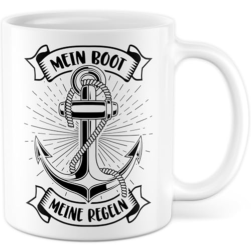 Bootsbesitzer Tasse mit Spruch - Geschenk Mein Boot Meine Regeln - Kaffeetasse aus Keramik 330ml - Geschenkidee Kaptiän Hobby Bootsliebhaber Schiff Schifffahrt Kaffee-Becher