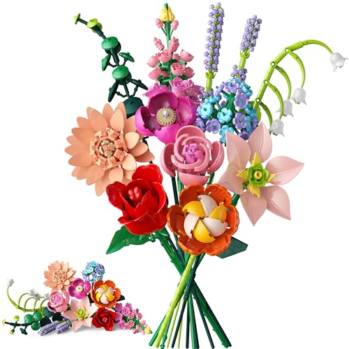 Bouquet de Fleur Plantes Construction, 769 PCS 12 Style Eternal Artificielles Flowers, Cadeau Saint-Valentin pour Homme ou Femme Fête des Mères Noël pour Adultes et Enfants 6+