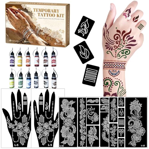 Henna Temporary Tattoo Stencil Kit, 12 Bottles of Tattoo Ink and 19 Sheets Tattoo Templates Stencils, Face Body Art Painting for Women Men Adults Festivals DIY Wedding Party