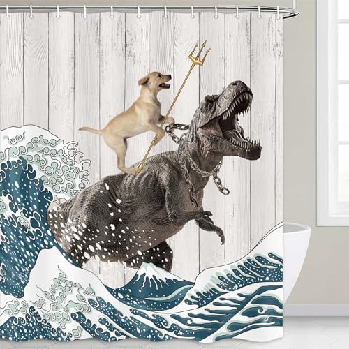 Image of Boziqr Funny Dog Shower Curtain, Japanese Ocean Wave Dinosaur Rustic Barn Door Decor Fabric Bathroom Curtains Set, Cute Animal Kids Polyester Fabric Waterproof, 70 X 78 Inches