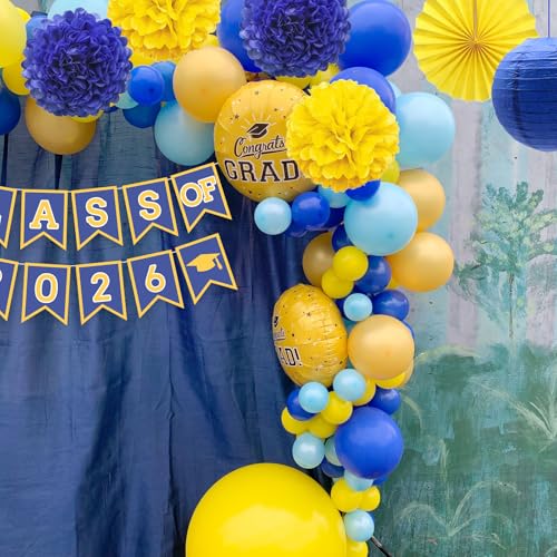 Image of Blue Yellow Graduation Party Decoration Class Banner Hanging Pom Poms Flowers High School College Grad Supplies