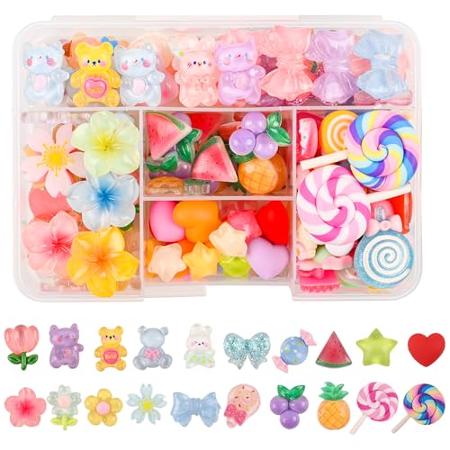 128PCS Cute Resin Charms Kawaii Flatback Resin Animals Flowers Candy Charm Embellishments for Slime Phone Junk Cases Scrapbooking Crafts & DIY Decoration