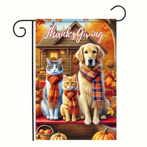 Image of BlissYard Thanksgiving Dog and Cat Garden Flag 12x18 Inch Fall Yard Decor | Double sided polyester, dog, cats and pumpkin design, cozy fall decor for porch, garden, lawn and yard