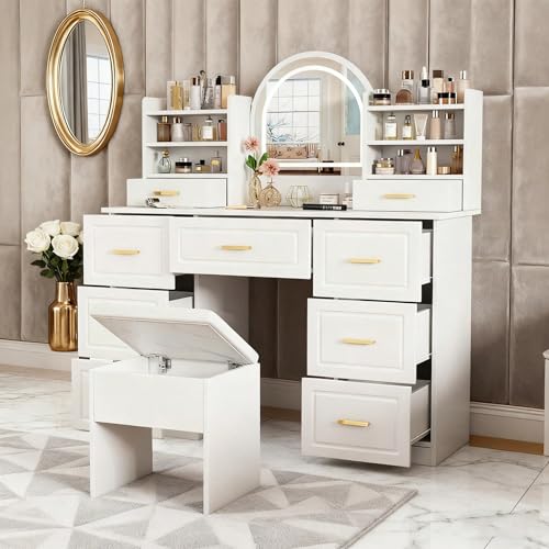Tocador con espejo iluminado LED y 9 cajones - Mesa cosmética en blanco (120 x 40 x 135 cm) - Elegante tocador para dormitorio