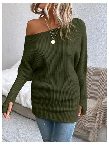 Image of SOLY HUX Sweaters for Women Off The Shoulder Long Sleeve Knit Fall Sweater Pullover Tops Pure Green Small