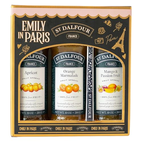St. Dalfour Pack Regalo de Mermeladas – Edición Emily in Paris – 100% fruta, sin azúcar añadido, sin gluten – 3x284g (Albaricoque/Naranja/Mango-Fruta de la Pasión)