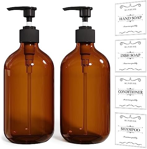 2 Pack Amber Dish Soap Dispenser for Kitchen (16 Oz), Brown Hand Soap Dispenser Bathroom, Plastic Soap and Lotion Dispenser Set with Rust Proof Pump, Waterproof Labels, Premium Thick Soap Pump Bottles