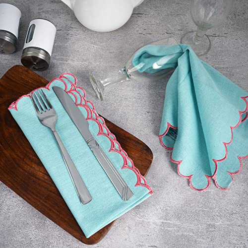 Image of FINGERCRAFT Scallop Edge Cloth Napkins | Set of 6 | 20x20 Inches | 100% Cotton | Table Napkins for Any Occasion | Washable, Perfect for Parties and Everyday Use (Aqua Flax, Set of 6)