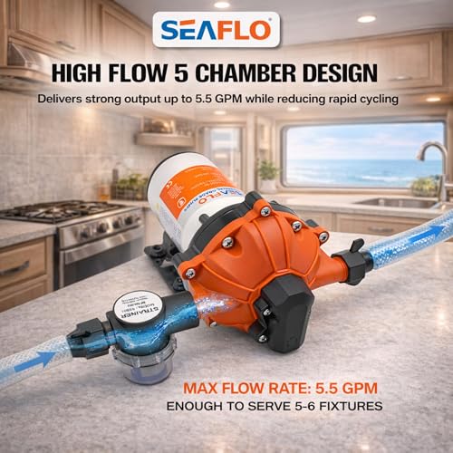Image of SEAFLO 55 Series 12V RV Water Pump 5.5 GPM 60 PSI Diaphragm Pump Heavy Duty Pressure Switch Built In Bypass Self Priming Quiet High Flow RV Marine Off Grid Freshwater System 4-Year Warranty