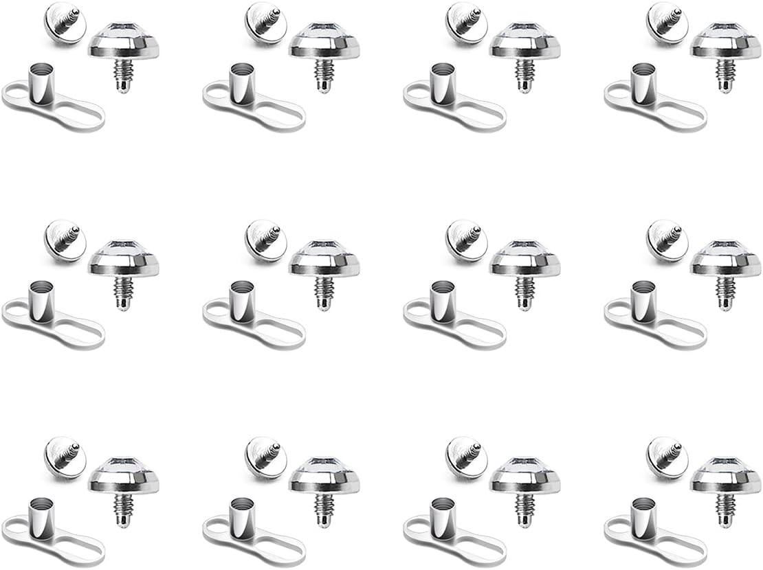 Luxe Modz 12-24PCS Grade 23 Solid Titanium 14G Dermal Anchor Top & Dermal Base Microdermal Piercings 5mm Dermal Top Crystal Dermal Piercings Bazel Set CZ Surface Skin Piercing Body Jewelry