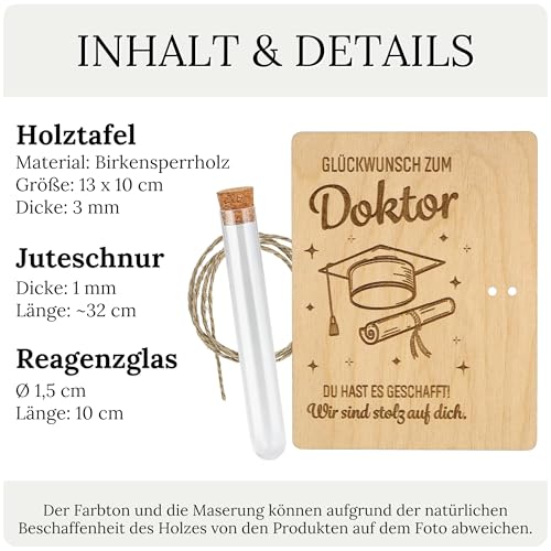 ZUKLA Verpackung für Geldgeschenke Doktor - 13 x 10 cm - mit Reagenzglas - Promotion Geschenk 2025 - Geldgeschenk Verpackung aus Holz - Doktortitel Geschenk