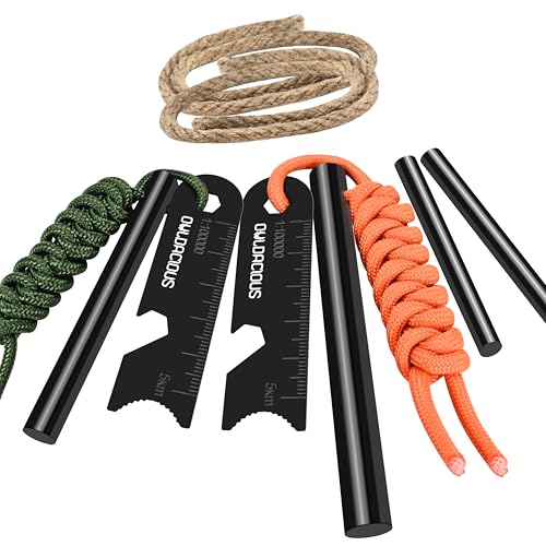 Owldacious Fire Starter Survival Kit – 4 Ferro Rods (4', 3.2', 2×2.4'), 2 Strikers, 2 Tinder Wicks (13' Each), and 2 Paracords (40“ Each). Flint and Steel Emergency Tool.