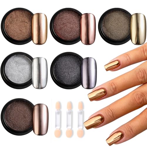 Chrome Nail Powder Set - 6 Colors Rose Gold Bronze Black Chrome Nail Powder Mirror Effect for Nails Metallic Rubbing Dust Chameleon Glitter Pigment Flakes Manicure Salon Supplies