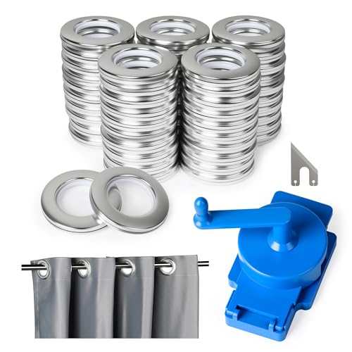 HOMAR Curtain Grommets 50 pcs with Rotary Curtain Puncher for 1.9-2 inch (40mm) Plastic Curtain Rings Grommets Tool Kit Quiet Glide Hole Punch Cutter for DIY Window Shower Drapery (Silver)