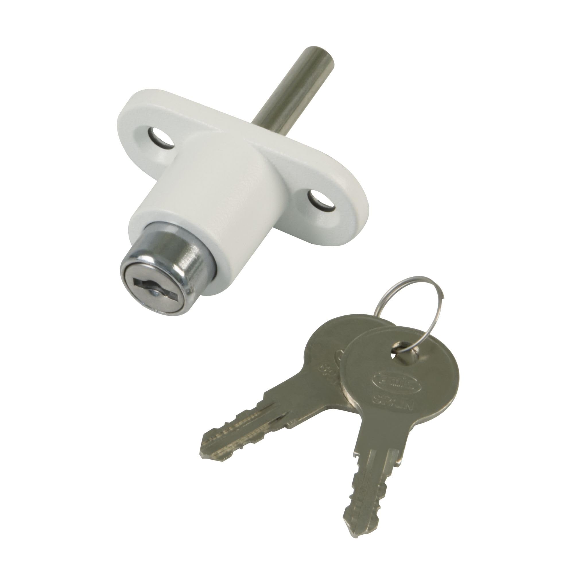 Amig - Serratura di sicurezza per finestre scorrevoli Mod.45; Chiusura a sovrapporre con 2 chiavi e Tirafondi per l'installazione, In acciaio Finitura bianco, Dimensioni: 53 x 23 mm