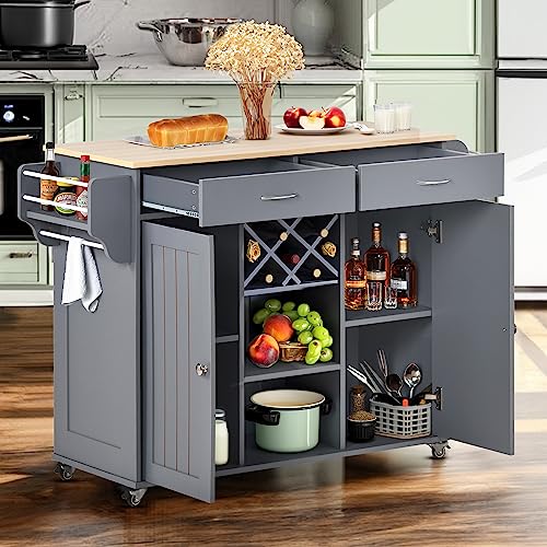 Noblemood Kitchen Island Cart With Locking Wheels, Wooden Rolling Mobile Kitchen Island Table With 2 Storage Cabinets, 2 Drawers, Removable Wine Rack, Spice & Towel Rack For Food Preparation #TOP12