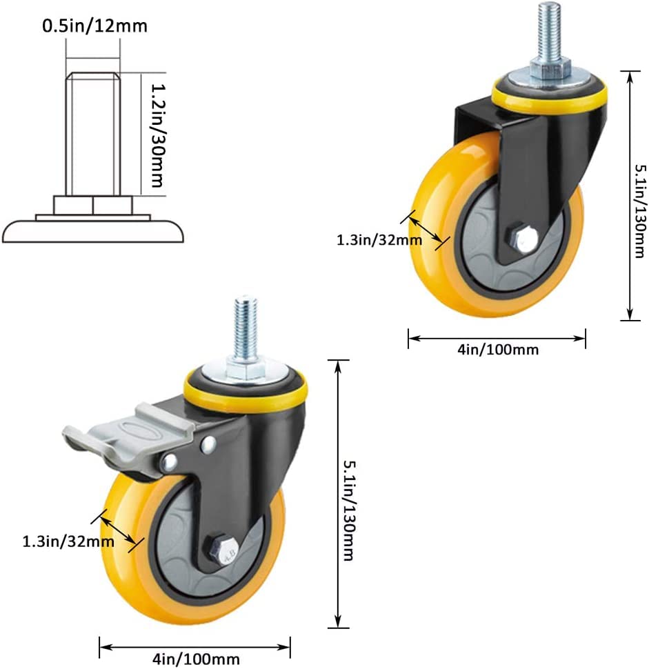 Möbelrollen, 4X Swivel Industrial Caster Wheels,Yellow Polyurethane Trolley Furniture Casto(Yellow,5in)