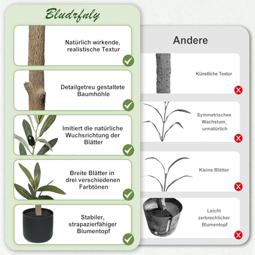Bludrfnly Olivenbaum Künstlich 150cm - Kunstpflanzen Groß, Künstliche Pflanzen Deko, Kunstpflanze Olivenbaum im Topf für Zuhause, Wohnzimmer, Flur, Schlafzimmer, Büro, Einkaufszentrum