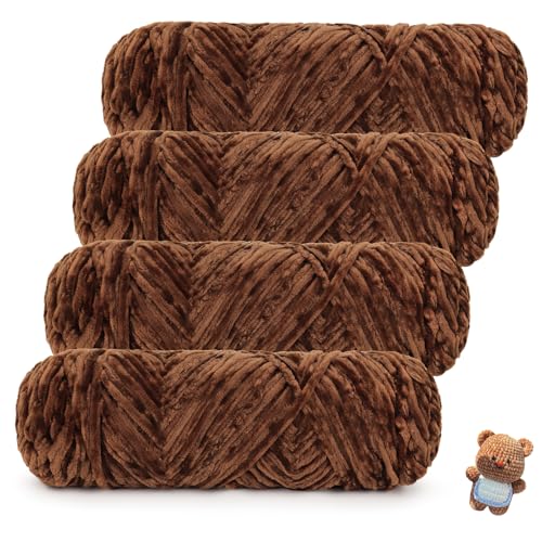 Coopay Samt Chenille Wolle zum Häkeln 400g (4x100g) Velvet Chenillegarn Super Flauschige Dicke Wolle zum Stricken Weiche Samtig Chenillewolle für Schal Decke Pullover - Dunkelkaramell
