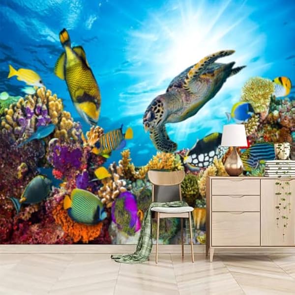 GIVLWF Zeeschildpad Marine Life muurschildering kunst aan de muur, Malediven Indische Oceaan koraalrif behang, muurschildering kunst - voor restaurant café kamer woondecoratie 350 x 256 cm