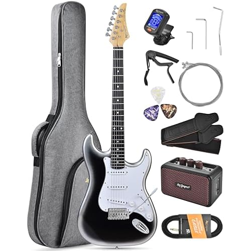 Leo Jaymz Beginner Electric Guitar 39” Kit with Portable Amplifier, Padded Gig Bag, Digital Tuner，Capo，Strap，Picks，Classic SSS Pickups (White-Black Fade-SSS)