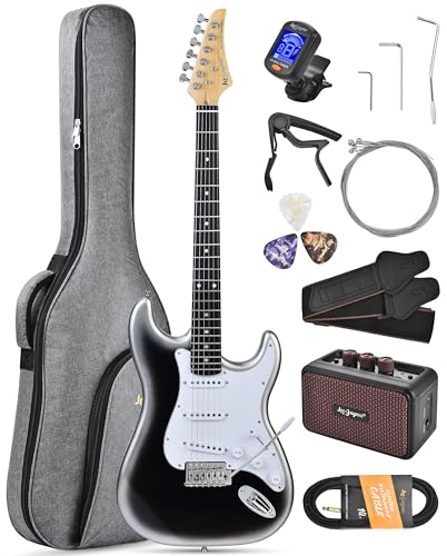 Leo Jaymz Beginner Electric Guitar Complete Kit with Portable Amp, Padded Gig Bag & Full Accessories, Maple Neck SSS Pickups(White-Black Fade)