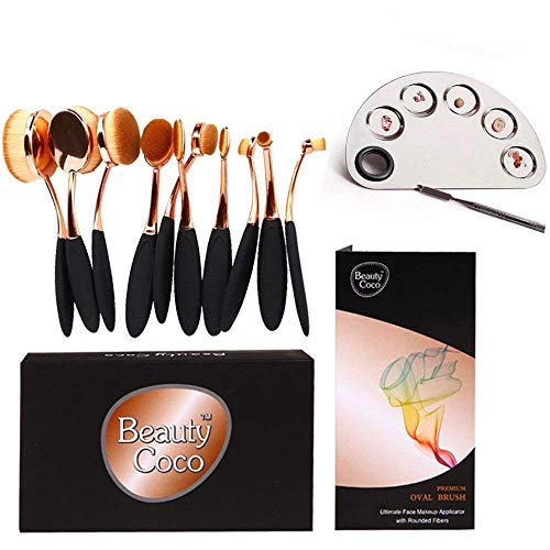 BeautyCoco Oval Toothbrush Makeup Brush Set Foundation Brushes Contour Powder Blush Conceler Brush Makeup Cosmetic Tool Set Rose Gold with Gift Box (10 Piece & Palette)