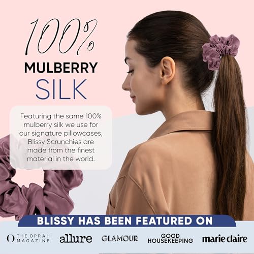 Image of Blissy Silk Scrunchies (3 Pack) - 100% Pure Mulberry Silk - 22 Momme 6A High-Grade Fibers Scrunchie for Straight & Curly Hair - Preventing Breakage, Tangling, & Creasing (Plum Regular)