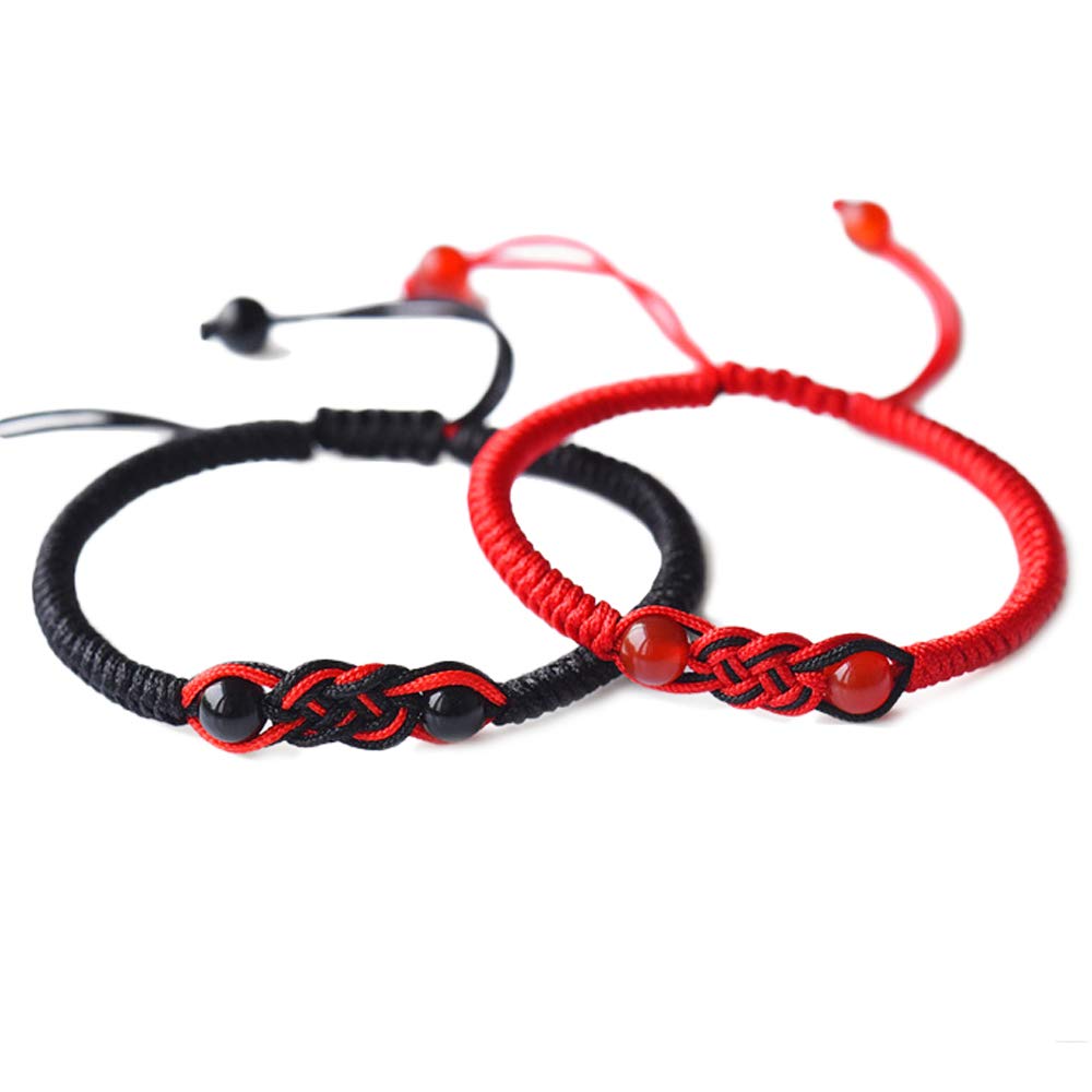 MENGLINA Men Women Hand-Woven Chinese Knot Black and Red Rope Couple Bracelets Natural Agate Stone Beads Braided Lucky Feng Shui Bracelet Love Jewelry