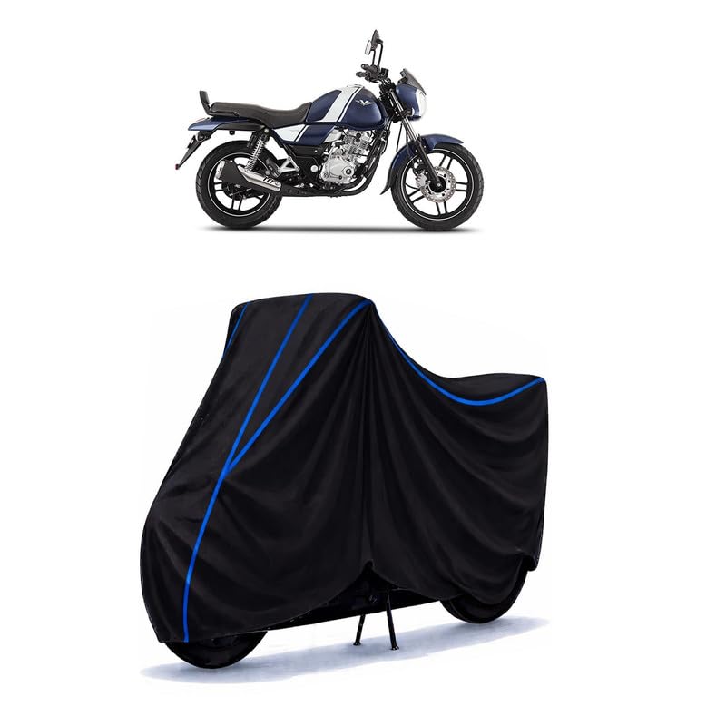 Image of Bajaj V15 Power Up Bike Cover Water Resistant Universal Motorcycle Rain | Heavy Duty UV Protection, Dust, Scratch Indoor Outdoor All Weather with Black Blue Piping Elastic