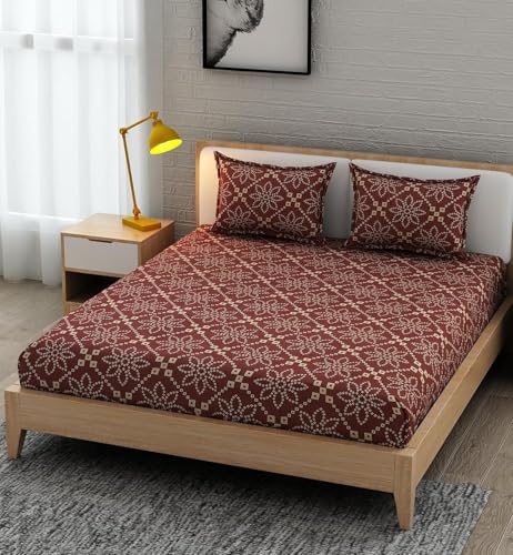 Image of 350 TC Premium Heavy Cotton Feel Elastic Fitted Bedsheet King Size with 2 Pillow Covers || Double Bed with All Around Elastic (New Wine1, Fitted - Double72x72)